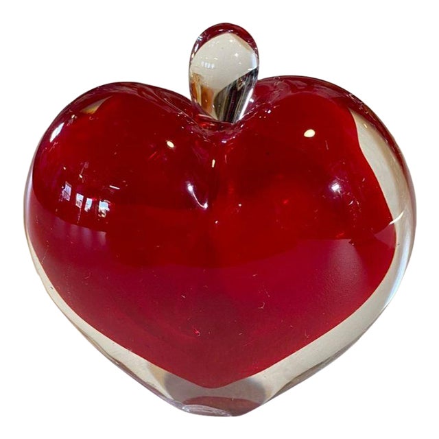 Ruby Red Hand Blown Glass Perfume Bottle Heart/Apple Shape W/Clear Stopper For Sale