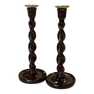 Antique English Oak Barley Twist Candlesticks With Brass Bobeches For Sale