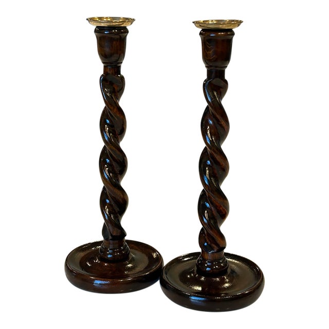 Antique English Oak Barley Twist Candlesticks With Brass Bobeches For Sale
