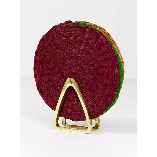 Metal Brass Coaster Stand with Colorful Coasters from Hagenauer, Austria, 1950s, Set of 7 For Sale - Image 7 of 11
