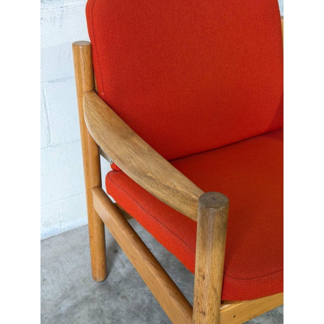 Vintage Danish Oak Lounge Chair by Skive Møbelfabrik Mid-Century Modern Red Upholstery For Sale - Image 9 of 13