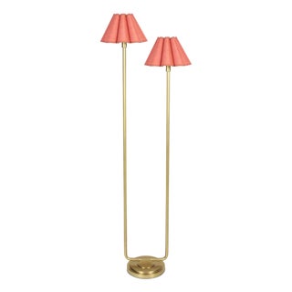 Polly Double Arm FloorLamp, Natural Brass with Wild Poppy Scalloped Shade For Sale