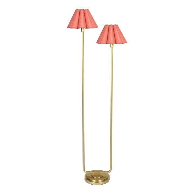 Polly Double Arm FloorLamp, Natural Brass with Wild Poppy Scalloped Shade For Sale