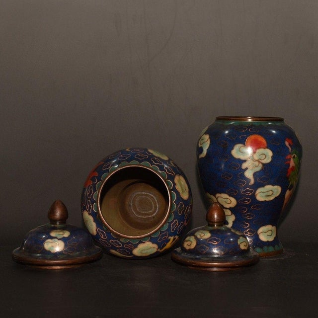 Metal Pair of Vintage Chinese Cloisonné Dragon & Phoenix Ginger Jars With Copper Finials For Sale - Image 7 of 9