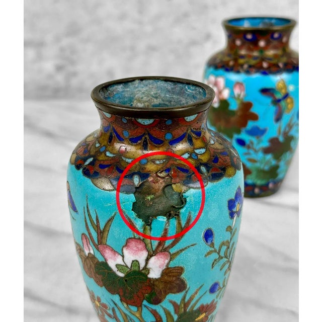 Turquoise Antique Chinese Cloisonne Turquoise Enamel & Brass Floral Vase - a Pair For Sale - Image 8 of 10