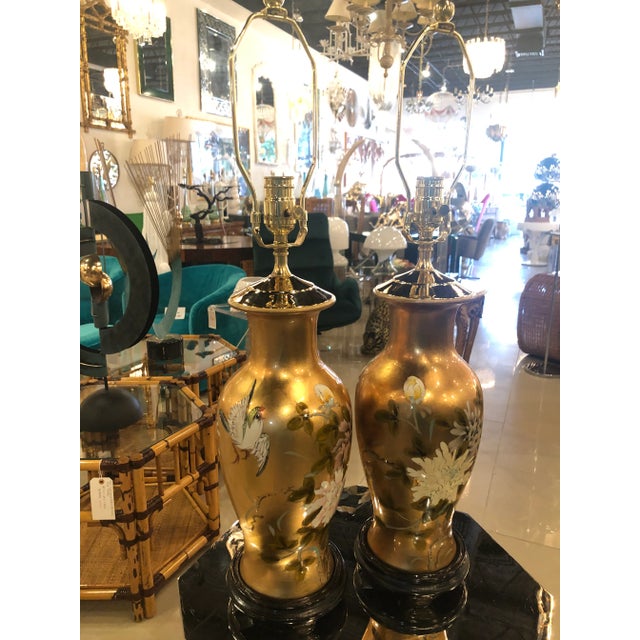 Gold Vintage Chinoiserie Gold Leaf Brass Floral Birds Table Lamps -A Pair For Sale - Image 8 of 13