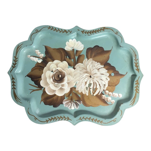 Vintage Tole Ware Blue Hand Painted Flowers Mini Tray For Sale