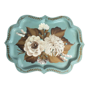 Vintage Tole Ware Blue Hand Painted Flowers Mini Tray