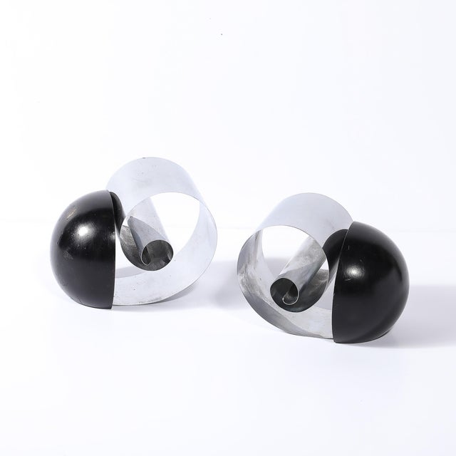 Silver Art Deco Machine Age Spring Steel & Black Enamel Spherical Bookends by Revere For Sale - Image 8 of 14