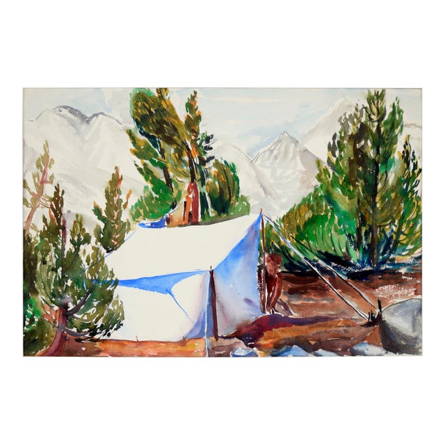 Staking a Tent, Modernist Landscape in Watercolor on Paper by Lucile Marie Johnston For Sale