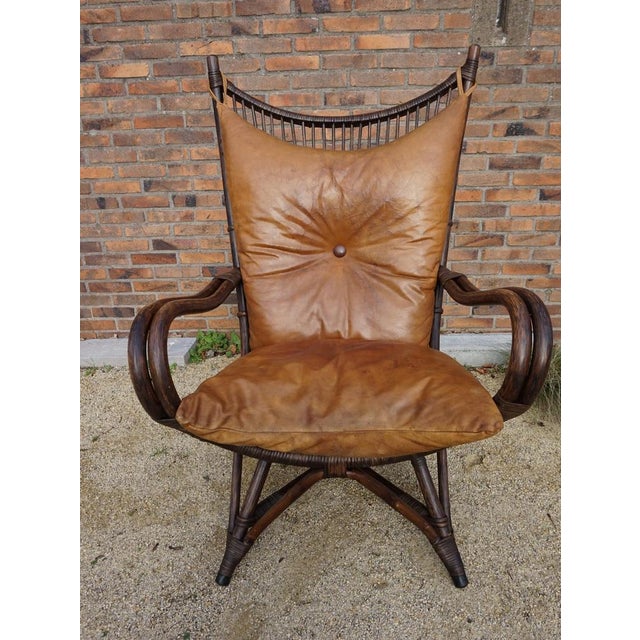 1960s Bamboo and Leather Sculptural Fan Back Lounge Chair, 1960s For Sale - Image 5 of 18