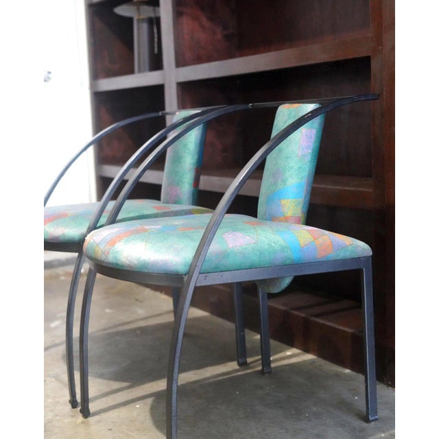 1980s Vintage Postmodern Sculptural Chairs | Black Metal, Geometric Upholstery, Memphis Style For Sale - Image 5 of 6