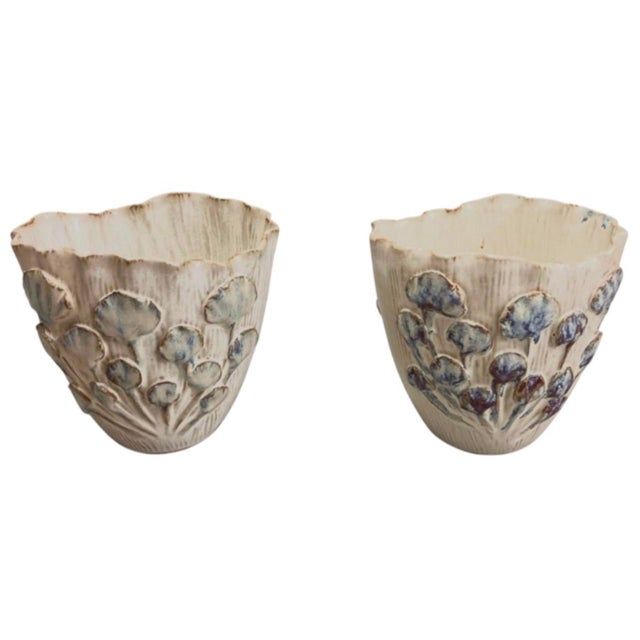 2000 - 2009 Pair of Vintage Italian Ceramic Art Pottery Vases With Relief Leaf Motif For Sale - Image 5 of 12