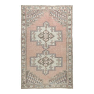Vintage Tribal Turkish Rug in Soft Peach & Neutrals - Boho Turkish Medallion Rug With Graphic Borders -4' 3'' X 8' 5'' For Sale