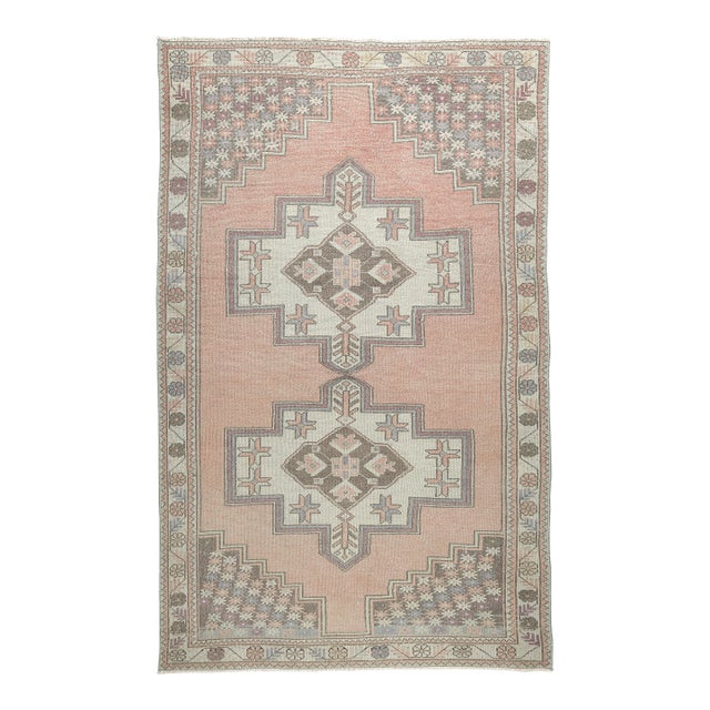 Vintage Tribal Turkish Rug in Soft Peach & Neutrals - Boho Turkish Medallion Rug With Graphic Borders -4' 3'' X 8' 5'' For Sale