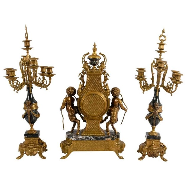 Italian Imperial Italian Brevettato Gilt Bronze Mantel Clock Garniture Set With Candelabra For Sale - Image 3 of 13
