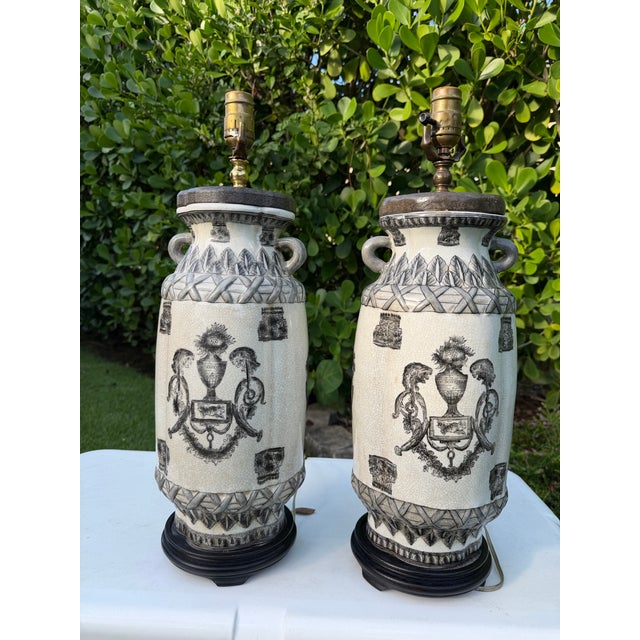 Ceramic Vintage Oversized Crackle Glaze Art Pottery Urn Lamps, Pair For Sale - Image 7 of 11
