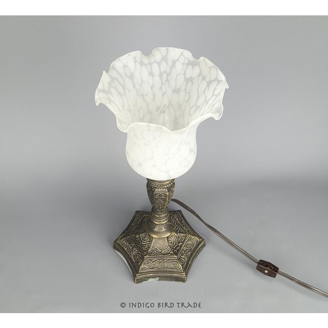 Traditional Vintage Flower Shaped Metal and Frosted Glass Shade Table Lamp For Sale - Image 3 of 10