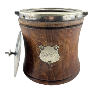 Late 19th Century Monogrammed Oak and Silver Plate Tobacco Jar or Ice Bucket With Shield Cartouche