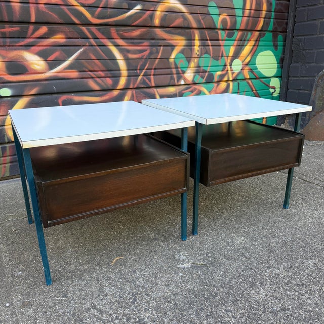 Mid-Century Moderm Vista Furniture California Nightstands With Leather Pulls Walnut Laminate For Sale - Image 9 of 12