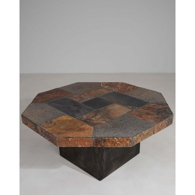 Octagonal Brutalist Slate Stone Table With Iron Base For Sale - Image 4 of 11