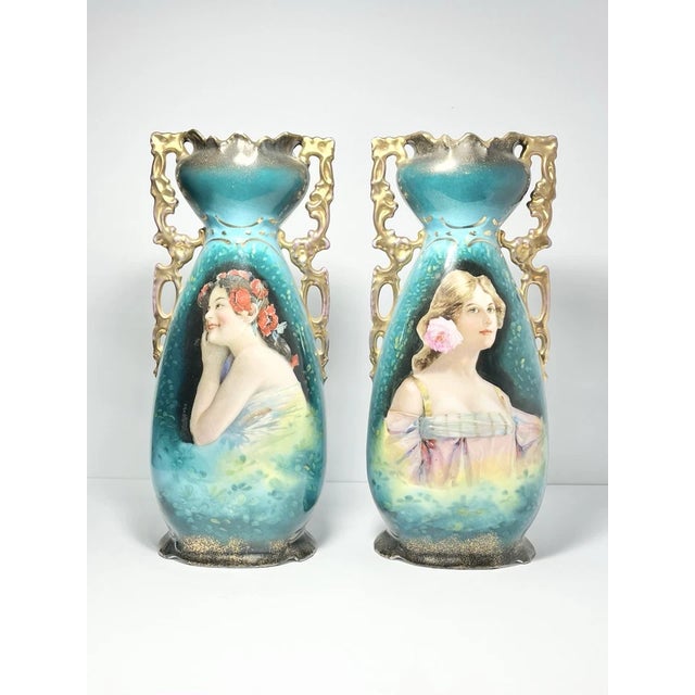 1890s Victoria Carlsbad Austria Art Nouveau 2 Art Nouveau Portrait Vases 11 5/8” Antique pair of Art Nouveau porcelain...