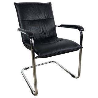 Office Armchair in Tubular Steel and Black Eco-Leather, 1970 For Sale