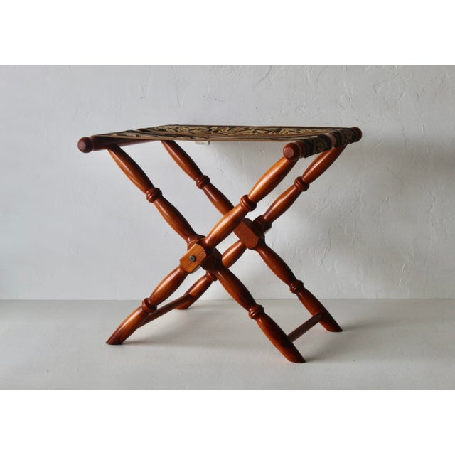 Wood Vintage French Beechwood and Tapestry Folding Luggage Rack Nailhead Detail For Sale - Image 7 of 18