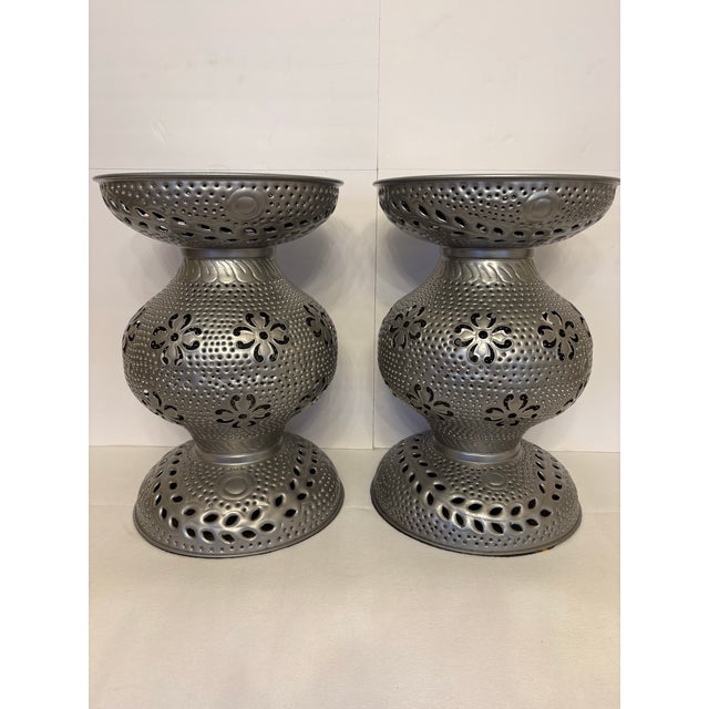 Moroccan Vintage-Style Moroccan Perforated Nickel Accent Tables/Garden Stools For Sale - Image 3 of 3