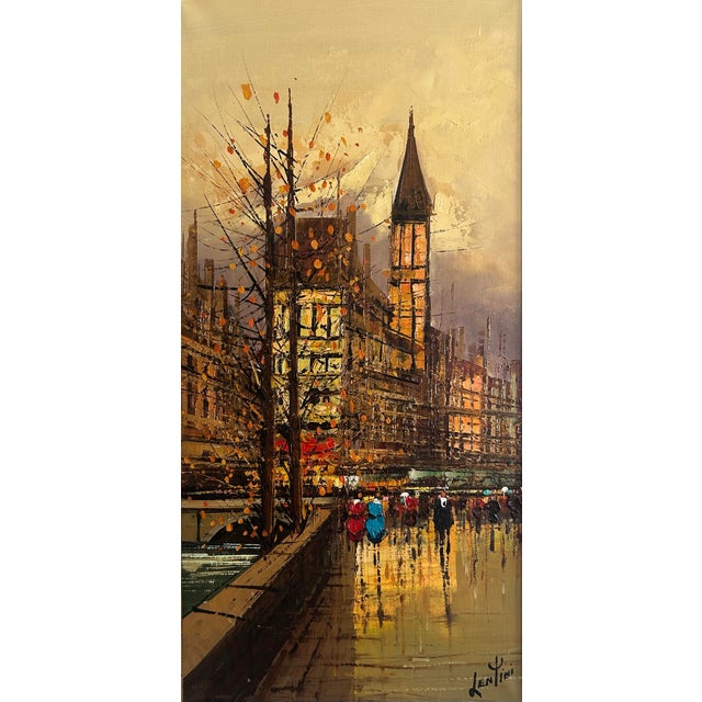 Brutalist Vintage Mid Century 1960’s Paris Street Scene Oil Painting by Lentini For Sale - Image 3 of 8