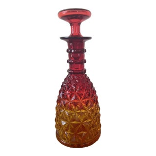 Mid Century Modern Red Amberina Glass Decanter Geometric Pattern For Sale
