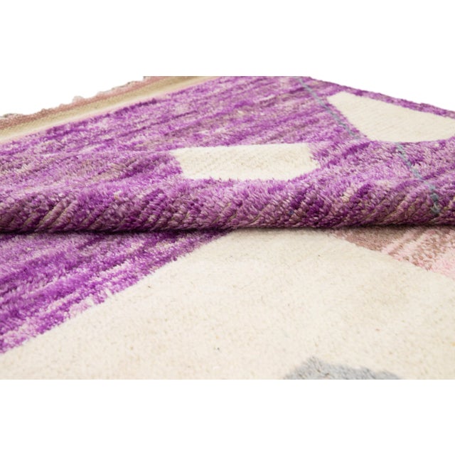 7 X 10 Modern Moroccan Tribal Handmade Wool Rug in Beige and Purple For Sale - Image 4 of 10