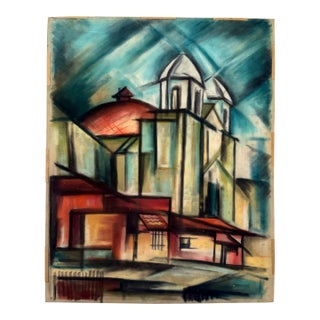 1940s Henry Emil Salloch Original Watercolor on Paper Church Landscape Painting. For Sale