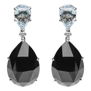 18K White Gold 1/5 Cttw Diamond with Pear Cut Sky Blue Topaz and Pear-Cut Black Onyx Gemstone Dangle Earring (G-H Color, SI1-SI2 Clarity) For Sale