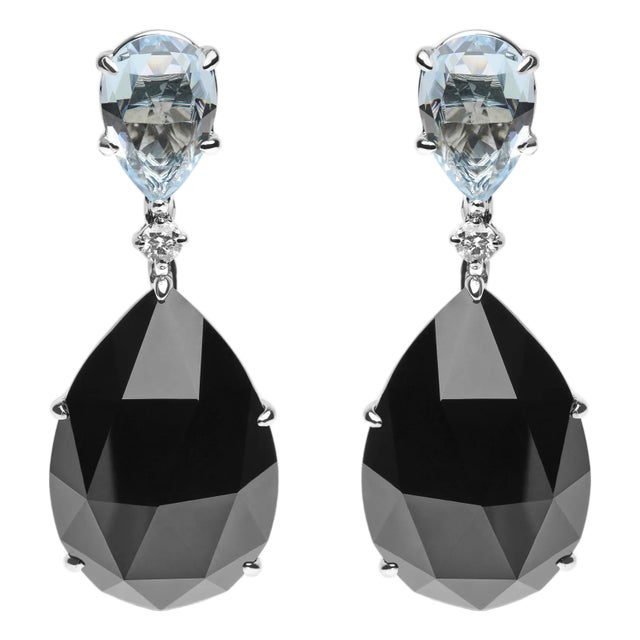 18K White Gold 1/5 Cttw Diamond with Pear Cut Sky Blue Topaz and Pear-Cut Black Onyx Gemstone Dangle Earring (G-H Color, SI1-SI2 Clarity) For Sale