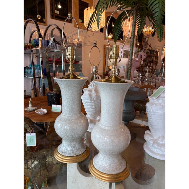 Vintage Palm Beach Crackle Glaze Porcelain & Brass Table Lamps Newly Wired - a Pair For Sale In West Palm - Image 6 of 12