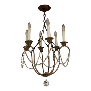 1990s Small Rustic Wrought Iron with Glass Bead Chandelier For Sale