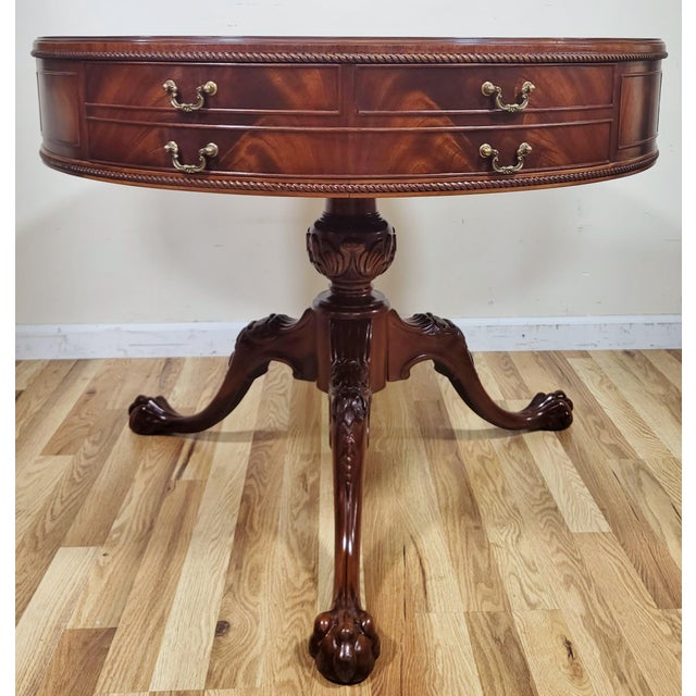 Weiman Vintage American Mahogany Gilt Tooled Leather Top Drum Table by Weiman Heirloom For Sale - Image 4 of 15