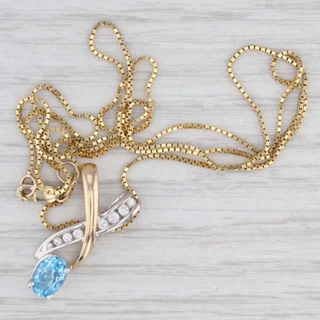1.01ctw Blue Topaz Diamond Pendant Necklace 14k Yellow White Gold 20" Box Chain For Sale In Greensboro - Image 6 of 6