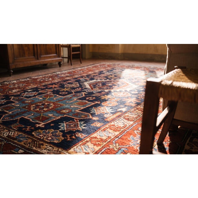 Excellent Navy Background With Symmetric Knots Geometric Pattern Antique Persian Karajeh Rug For Sale - Image 17 of 18