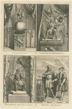 Picart, Illustration of Aztec Deities Vitzliputsli, Tlaloch or Tescalipuca, Mexico, 1723, Print