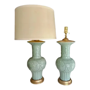 Pair Chinese Celadon Green Relief Porcelain Table Lamps