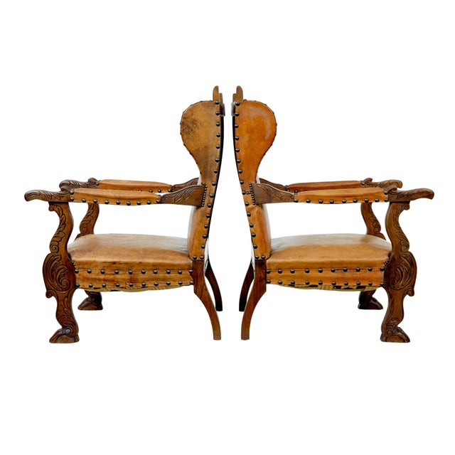Late 19th Century 19th Century Oak and Embossed Leather Armchairs, Set of 2 For Sale - Image 5 of 11