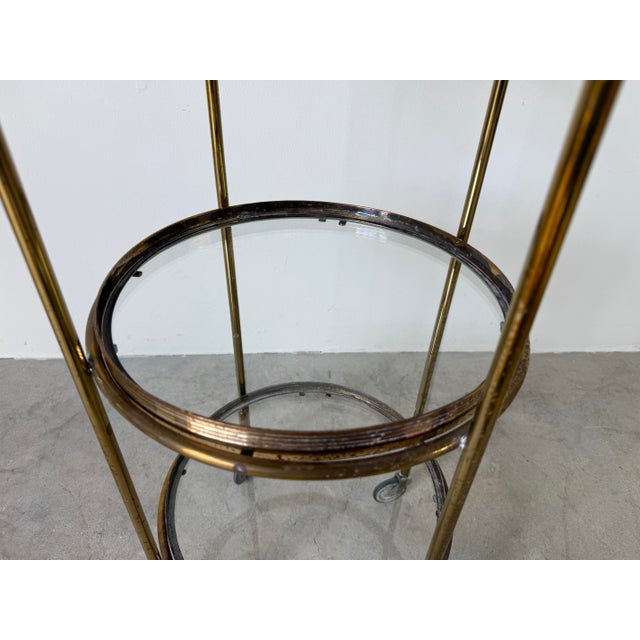 1970’s Maison Jansen Style Italian Hollywood Regency Brass & Glass Three-Tier Rolling Bar Cart With Removable Trays For Sale - Image 4 of 12