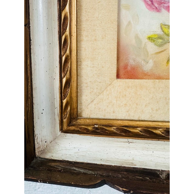 Shabby Chic Vintage Oil on Canvas Floral Painting, Original Frame For Sale - Image 3 of 6