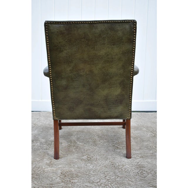 Vintage Chippendale Style Green Leather Library Chair W/Stretcher Base For Sale - Image 12 of 13