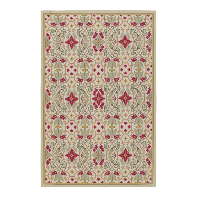 1980s Rug & Kilim Aubusson Style Flatweave With Green and Red Floral Patterns For Sale