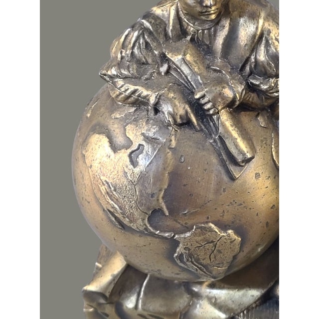 Pair of Antique Christopher Columbus Bronzed Bookends Maps, Books, Globe C1927 For Sale - Image 4 of 12