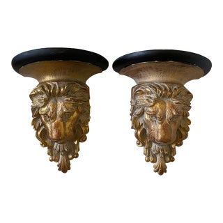 Mid 20th Century Vintage Gilded Lion Bust Wall Sconces Shelves - a Pair For Sale