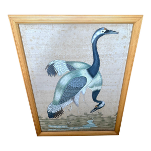 Large Chinese Hand-Painted Silk Scroll of Two Blue Cranes, Mid Century